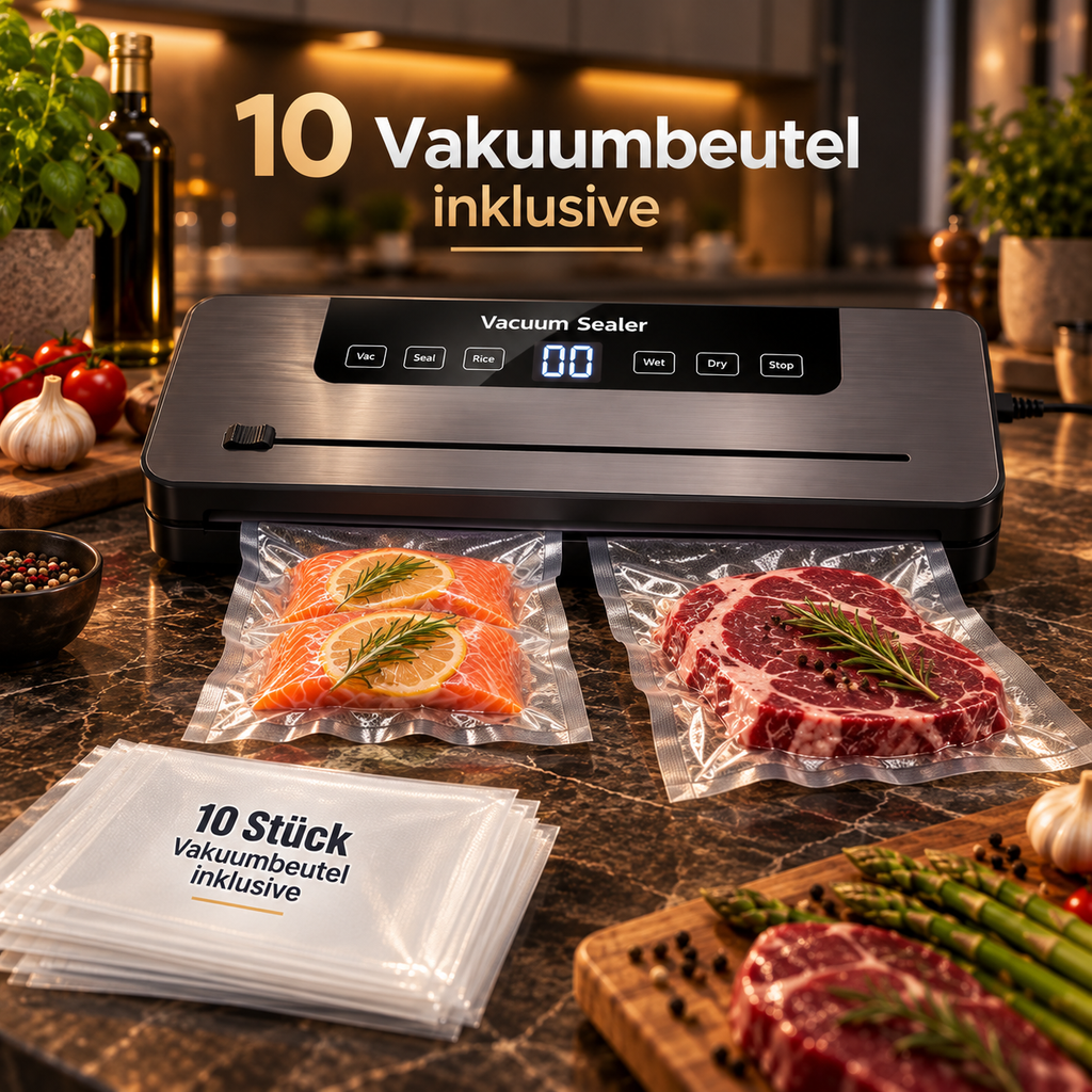 Vakuumierer mit Lebensmitteln im Vakuumbeutel